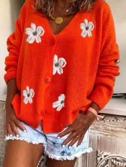 New Women's Normal Sweater Cardigan Sweater Stylish Chic & Modern Casual Floral Maillard V Neck Embroidered Knitted Long Sleeve Knit Daily Holiday Red Green Spring Fall Women Cardigans & Outerwears