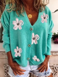 New Women's Normal Sweater Cardigan Sweater Stylish Chic & Modern Casual Floral Maillard V Neck Embroidered Knitted Long Sleeve Knit Daily Holiday Red Green Spring Fall Women Cardigans & Outerwears