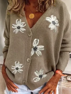 New Women's Normal Sweater Cardigan Sweater Stylish Chic & Modern Casual Floral Maillard V Neck Embroidered Knitted Long Sleeve Knit Daily Holiday Red Green Spring Fall Women Cardigans & Outerwears