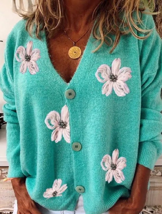 New Women's Normal Sweater Cardigan Sweater Stylish Chic & Modern Casual Floral Maillard V Neck Embroidered Knitted Long Sleeve Knit Daily Holiday Red Green Spring Fall Women Cardigans & Outerwears