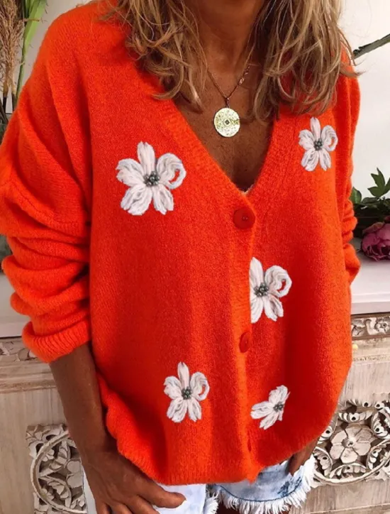 New Women's Normal Sweater Cardigan Sweater Stylish Chic & Modern Casual Floral Maillard V Neck Embroidered Knitted Long Sleeve Knit Daily Holiday Red Green Spring Fall Women Cardigans & Outerwears
