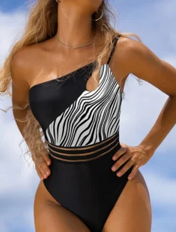 Women's Normal Swimsuit Tropical Geometric Sleeveless V Wire Open Back Printing Party Holiday Regular Fit Leopard Black White Summer Women One-Pieces