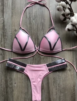 Women's Normal Swimwear Bikini 2 Piece Thong Swimsuit Open Back Cut Out Sexy Vacation Sexy Leopard Color Block Strap Bathing Suits Women Bikinis