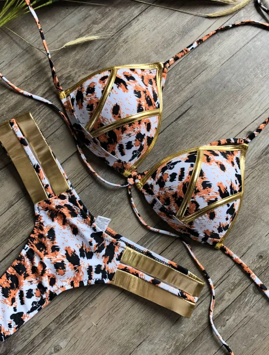 Women's Normal Swimwear Bikini 2 Piece Thong Swimsuit Open Back Cut Out Sexy Vacation Sexy Leopard Color Block Strap Bathing Suits Women Bikinis