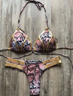 Women's Normal Swimwear Bikini 2 Piece Thong Swimsuit Open Back Cut Out Sexy Vacation Sexy Leopard Color Block Strap Bathing Suits Women Bikinis