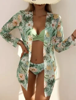 Outlet Women's Normal Swimwear Bikini Three Piece Cheeky Swimsuit 2 Piece Open Back Sexy Printing Vacation Fashion Leaves V Wire Long Sleeve Bathing Suits Women Bikinis