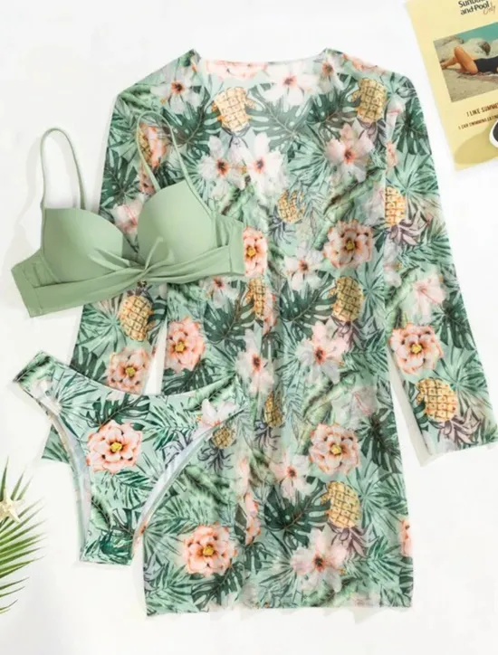 Outlet Women's Normal Swimwear Bikini Three Piece Cheeky Swimsuit 2 Piece Open Back Sexy Printing Vacation Fashion Leaves V Wire Long Sleeve Bathing Suits Women Bikinis