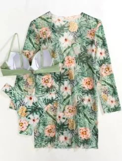 Outlet Women's Normal Swimwear Bikini Three Piece Cheeky Swimsuit 2 Piece Open Back Sexy Printing Vacation Fashion Leaves V Wire Long Sleeve Bathing Suits Women Bikinis