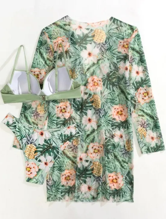Outlet Women's Normal Swimwear Bikini Three Piece Cheeky Swimsuit 2 Piece Open Back Sexy Printing Vacation Fashion Leaves V Wire Long Sleeve Bathing Suits Women Bikinis