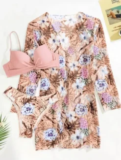 Outlet Women's Normal Swimwear Bikini Three Piece Cheeky Swimsuit 2 Piece Open Back Sexy Printing Vacation Fashion Leaves V Wire Long Sleeve Bathing Suits Women Bikinis