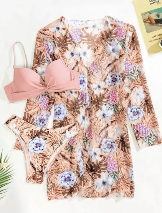 Outlet Women's Normal Swimwear Bikini Three Piece Cheeky Swimsuit 2 Piece Open Back Sexy Printing Vacation Fashion Leaves V Wire Long Sleeve Bathing Suits Women Bikinis