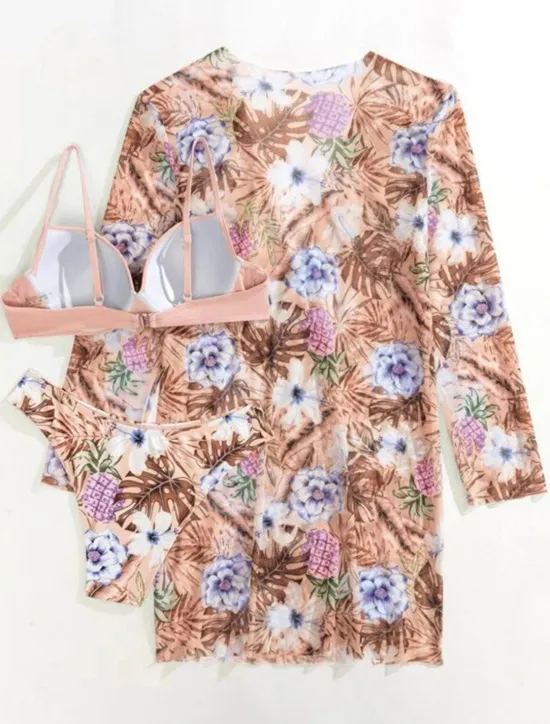 Outlet Women's Normal Swimwear Bikini Three Piece Cheeky Swimsuit 2 Piece Open Back Sexy Printing Vacation Fashion Leaves V Wire Long Sleeve Bathing Suits Women Bikinis