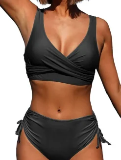 Best Women's Normal Swimwear Bikini 2 Piece Briefs Swimsuit High Waist Twist Front Fitted Vacation Stylish Solid Color V Wire Sleeveless Bathing Suits Women Bikinis