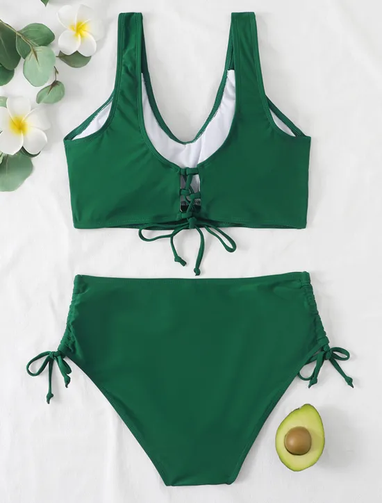 Best Women's Normal Swimwear Bikini 2 Piece Briefs Swimsuit High Waist Twist Front Fitted Vacation Stylish Solid Color V Wire Sleeveless Bathing Suits Women Bikinis
