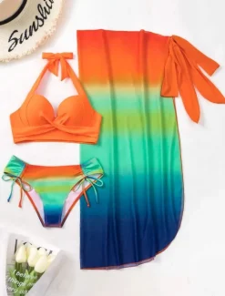 Clearance Women's Normal Swimwear Bikini Beach Bottom Three Piece Skirt Swimsuit 3-Piece Printing Beach Wear Summer Gradient Color Sleeveless Bathing Suits Women Bikinis