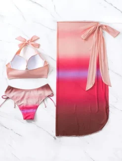 Clearance Women's Normal Swimwear Bikini Beach Bottom Three Piece Skirt Swimsuit 3-Piece Printing Beach Wear Summer Gradient Color Sleeveless Bathing Suits Women Bikinis