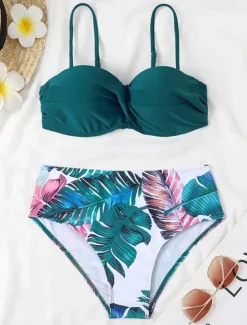 Sale Women's Normal Swimwear Bikini 2 Piece Cheeky Swimsuit 2 Piece Open Back Sexy Printing High Waisted Vacation Fashion Floral Leaves Strap Sleeveless Bathing Suits Women Bikinis
