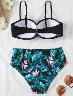 Sale Women's Normal Swimwear Bikini 2 Piece Cheeky Swimsuit 2 Piece Open Back Sexy Printing High Waisted Vacation Fashion Floral Leaves Strap Sleeveless Bathing Suits Women Bikinis