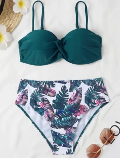 Sale Women's Normal Swimwear Bikini 2 Piece Cheeky Swimsuit 2 Piece Open Back Sexy Printing High Waisted Vacation Fashion Floral Leaves Strap Sleeveless Bathing Suits Women Bikinis