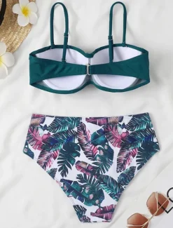 Sale Women's Normal Swimwear Bikini 2 Piece Cheeky Swimsuit 2 Piece Open Back Sexy Printing High Waisted Vacation Fashion Floral Leaves Strap Sleeveless Bathing Suits Women Bikinis