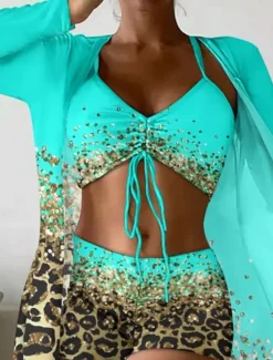 Clearance Women's Normal Swimwear Bikini Cover Up Swimsuit 3-Piece Printing Beach Wear Summer Leopard Long Sleeve Bathing Suits Women Leopard Swimwear|Bikinis