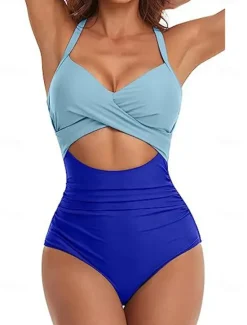 Online Women's Normal Swimwear One Piece Swimsuit Cut Out Beach Wear Holiday Color Block Sleeveless Bathing Suits Women One-Pieces