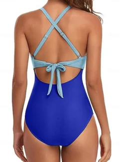 Online Women's Normal Swimwear One Piece Swimsuit Cut Out Beach Wear Holiday Color Block Sleeveless Bathing Suits Women One-Pieces