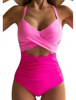 Online Women's Normal Swimwear One Piece Swimsuit Cut Out Beach Wear Holiday Color Block Sleeveless Bathing Suits Women One-Pieces
