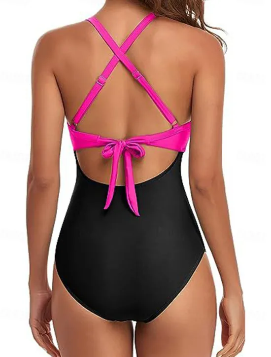 Online Women's Normal Swimwear One Piece Swimsuit Cut Out Beach Wear Holiday Color Block Sleeveless Bathing Suits Women One-Pieces