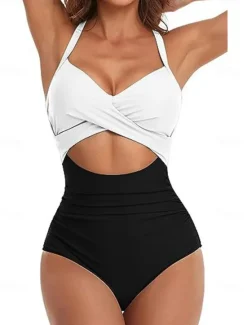 Online Women's Normal Swimwear One Piece Swimsuit Cut Out Beach Wear Holiday Color Block Sleeveless Bathing Suits Women One-Pieces