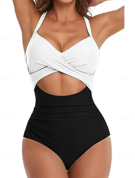 Online Women's Normal Swimwear One Piece Swimsuit Cut Out Beach Wear Holiday Color Block Sleeveless Bathing Suits Women One-Pieces