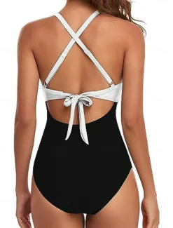 Online Women's Normal Swimwear One Piece Swimsuit Cut Out Beach Wear Holiday Color Block Sleeveless Bathing Suits Women One-Pieces