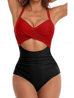 Online Women's Normal Swimwear One Piece Swimsuit Cut Out Beach Wear Holiday Color Block Sleeveless Bathing Suits Women One-Pieces