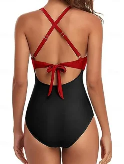 Online Women's Normal Swimwear One Piece Swimsuit Cut Out Beach Wear Holiday Color Block Sleeveless Bathing Suits Women One-Pieces