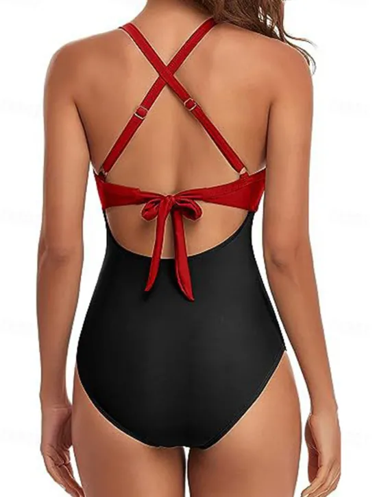 Online Women's Normal Swimwear One Piece Swimsuit Cut Out Beach Wear Holiday Color Block Sleeveless Bathing Suits Women One-Pieces