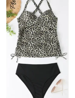 Outlet Women's Normal Swimwear Tankini 2 Piece Shorts Swimsuit Halter 2 Piece Printing Beach Wear Summer Leopard Sleeveless Bathing Suits Women Leopard Swimwear|Tankinis