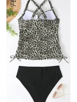 Outlet Women's Normal Swimwear Tankini 2 Piece Shorts Swimsuit Halter 2 Piece Printing Beach Wear Summer Leopard Sleeveless Bathing Suits Women Leopard Swimwear|Tankinis