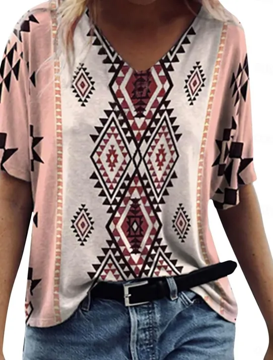 Discount Women's Normal T Shirt Graphic Plaid Tribal Vintage Fashion Western Short Sleeve V Neck Regular Tops Vacation Daily Going out Patchwork Print All Seasons Women Boho Tops