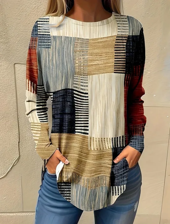 Sale Women's Normal T Shirt Graphic Plaid Vintage Fashion Casual Long Sleeve Round Neck Regular Tops Vacation Daily Going out Patchwork Print Yellow Pink Light Grey All Seasons Women T-Shirts