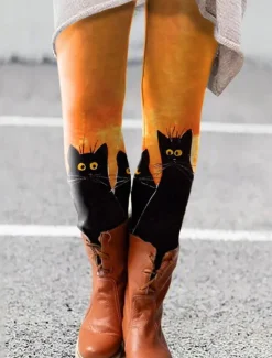 Clearance Women's Normal Tights Pants Trousers Leggings Fashion Casual Lounge Ankle-Length High Waist Cat Print Butt Lift Comfort Tummy Control High Elasticity Yoga Halloween Weekend Black White Orange Light Women Leggings