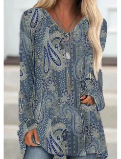 Outlet Women's Normal Tunic Graphic Geometric Tribal Vintage Western Ethnic Long Sleeve V Neck Long Tops Vacation Party Daily Patchwork Print All Seasons Women Boho Tops