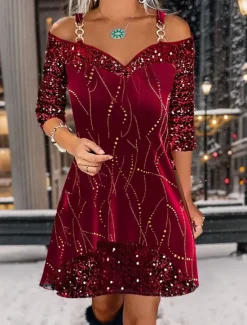 Women's Off-Shoulder Sequin Cocktail Dress Burgundy Three-Quarter Sleeve Sweetheart Neckline Fla Skirt Evening Party A-Line Dress Winter Fall Festive Glamour Women Cocktail Dress