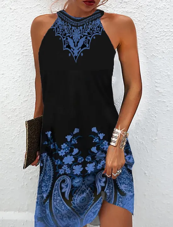 Outlet Women's Ombre Floral Print Halter Neck Mini Dress Daily Date Sleeveless Summer Spring Women Sundresses
