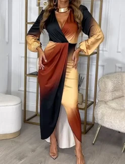 Clearance Women's Ombre Plunging Neck Midi Dress Long Sleeve Spring Fall Women Cocktail Dress