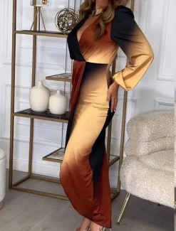 Clearance Women's Ombre Plunging Neck Midi Dress Long Sleeve Spring Fall Women Cocktail Dress
