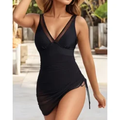 Online Women's One Piece Swimsuit Swim Dress Mesh Tummy Control Swimwear Solid Colored Swimwear Black Pink Breathable Quick Dry Lightweight Sleeveless - Swimming Surfing Beach Summer Spring Women Swimdresses