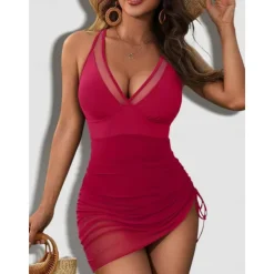 Online Women's One Piece Swimsuit Swim Dress Mesh Tummy Control Swimwear Solid Colored Swimwear Black Pink Breathable Quick Dry Lightweight Sleeveless - Swimming Surfing Beach Summer Spring Women Swimdresses
