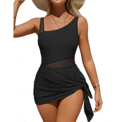 Women's One Piece Swimsuit Swim Dress Mesh Tummy Control Swimwear Solid Colored Swimwear Breathable Quick Dry Lightweight Sleeveless - Swimming Surfing Beach Summer Spring Women Swimdresses
