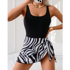 New Women's One Piece Swimsuit Swim Dress Tummy Control Open Back Swimwear Leopard Print Swimwear Black White Breathable Quick Dry Lightweight Sleeveless - Swimming Surfing Beach Summer Spring Women Swimdresses