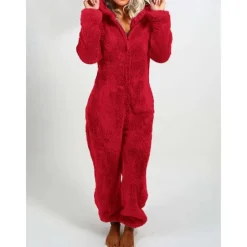Women's One-Piece Hooded Pajama Solid Red Plush Fleece Long Sleeve Winter Sleepwear Cozy Homewear Comfort Fit Home Outfits Women Sleepwear